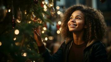 glücklich jung afrikanisch amerikanisch Erwachsene Frau dekorieren das Weihnachten Baum - - generativ ai. foto