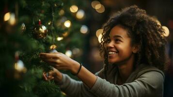 glücklich jung afrikanisch amerikanisch Erwachsene Frau dekorieren das Weihnachten Baum - - generativ ai. foto