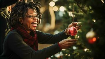 glücklich Senior Erwachsene afrikanisch amerikanisch Frau dekorieren das Weihnachten Baum - - generativ ai. foto