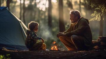 Vater und Sohn genießen ihr Campingplatz mit ihr Zelt und Lagerfeuer zusammen - - generativ ai. foto