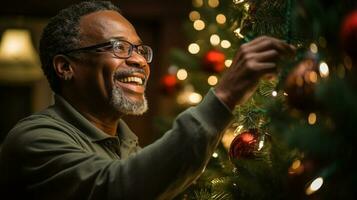 glücklich Senior Erwachsene afrikanisch amerikanisch Mann dekorieren das Weihnachten Baum - - generativ ai. foto