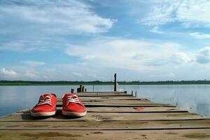 ein Paar von rot Turnschuhe Sitzung allein auf ein hölzern Seebrücke. das Schuhe sind positioniert im das Center von das Szene, umgeben durch ein Ruhe und heiter Atmosphäre. das Seebrücke erweitert aus in das Wasser, foto