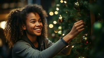 glücklich jung afrikanisch amerikanisch Erwachsene Frau dekorieren das Weihnachten Baum - - generativ ai. foto