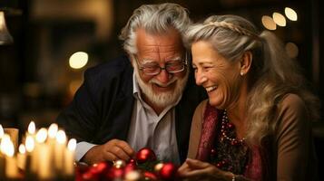 glücklich Senior Erwachsene Paar dekorieren zum das Ferien zusammen - - generativ ai. foto