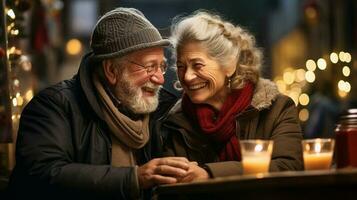 glücklich Senior Erwachsene Paar genießen das Urlaub mit jeder andere aus auf das Stadt, Dorf - - generativ ai. foto