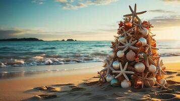 Weihnachten Baum gemacht von Ornamente, Seestern und Muscheln auf das Ozean Ufer Strand Sand - - generativ ai. foto