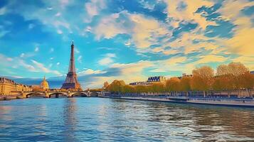 das ikonisch Eiffel Turm, ein architektonisch Wunder, hoch aufragend Über das Stadt von Paris, Frankreich. mit es ist bearbeitet Eisen Struktur und elegant Design, das Turm steht hoch gegen das Blau Himmel Hintergrund. foto