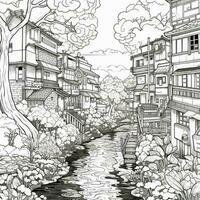 Anime Landschaft Färbung Seiten foto