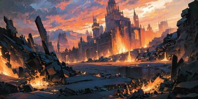 Anime Hintergrund, Landschaft, Hölle, Feuer, Flamme, Lava, Stadt, Stadt, generativ ai, generativ, ai foto