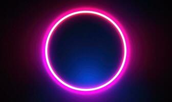 Neon- Blau Rosa runden Rahmen Ring, Kreis gestalten glühend Licht mit dunkel Hintergrund. 80er Jahre retro Stil, Kopieren Raum foto
