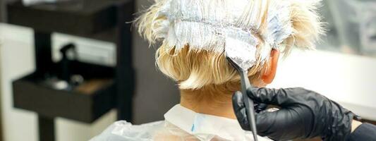 das Fachmann Friseur ist Färberei das Haar von ihr weiblich Klient im ein Schönheit Salon. foto