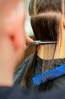 das männlich Friseur schneidet zurück weiblich Kunden Haar mit Schere und Kamm im ein Schönheit Salon. foto