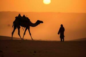 Silhouette Mann tragen traditionell Kleidung, nehmen ein Kamel aus auf das Wüste Sand. ai generativ foto