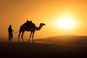 Silhouette Mann tragen traditionell Kleidung, nehmen ein Kamel aus auf das Wüste Sand. ai generativ foto