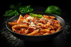 Penne Pasta mit Tomate Soße, Parmesan Käse und Basilikum. ai generativ foto