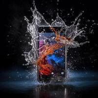 Smartphone im Wasser Spritzen. generativ ai foto