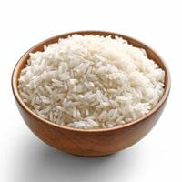 Reis im Schüssel auf Weiß Hintergrund. generativ ai foto