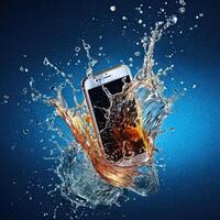 Smartphone im Wasser Spritzen. generativ ai foto