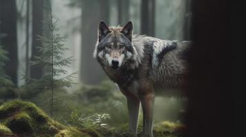 Wolf im Wald. generativ ai foto