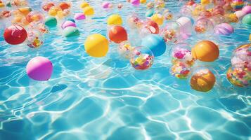 ein Schwimmbad gefüllt mit bunt Luftballons schwebend im das Wasser ai generativ foto