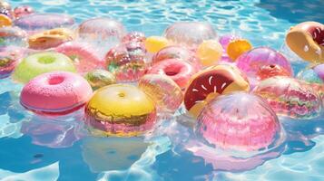 ein Bündel von bunt Gelee Donuts schwebend im ein Schwimmbad ai generativ foto