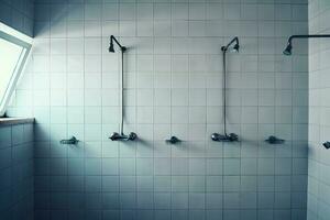 Öffentlichkeit leeren Dusche Zimmer mit Weiß Fliesen im ein Fitnessstudio mit Licht Kommen von Fenster foto