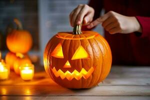 Frau Hände Carving ein groß Orange Kürbis. Halloween Dekoration. generativ ai foto