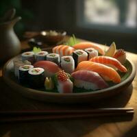 fotorealistisch Bild von ein bunt Sushi Teller, mit beschwingt Scheiben von Fisch und zart Rollen. generativ ai foto