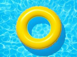 3d Gelb aufblasbar Schwimmbad Ring, oben Sicht, Schwimmbad Hintergrund mit Blau Wasser. ai generativ foto