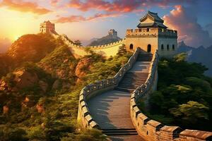 Wahrzeichen von das großartig Mauer von China im Peking zum Urlaub Ziel beim Sonnenaufgang foto