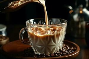 frisch Milch ist gegossen in klar Tasse mit Kaffee Bohnen auf ein hölzern Untertasse foto