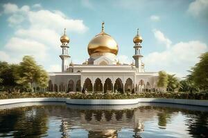 groß Moschee mit golden Kuppel Muslim Religion mit Teich und Natur Hintergrund auf hell Tag foto