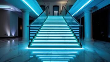 Treppe mit LED Beleuchtung im ein modern Innere. ai generiert. foto