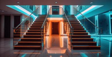 Treppe mit LED Beleuchtung im ein modern Innere. ai generiert. foto