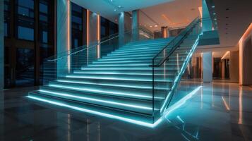 Treppe mit LED Beleuchtung im ein modern Innere. ai generiert. foto