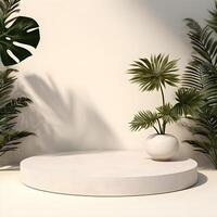 3d machen leeren Raum Weiß Podium mit Monstera Blatt Haus Pflanze Podium zum Produkt schießen. ai generativ Illustration. foto