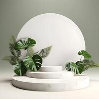 3d machen leeren Raum Weiß Podium mit Monstera Blatt Haus Pflanze Podium zum Produkt schießen. ai generativ Illustration. foto