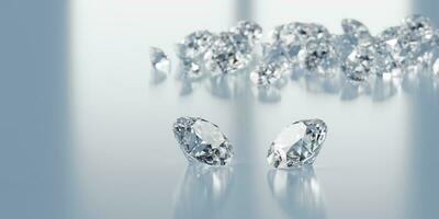 Diamanten-Gruppe platziert auf glänzendem Hintergrund 3D-Rendering Soft-Fokus foto