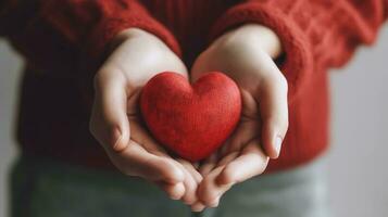 Welt Herz Tag Konzept. Frau Hände halten rot Herz mit Welt Karte. generativ ai foto