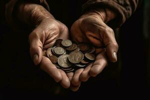 schließen oben von alt des Mannes Hände halten Münzen. Armut Konzept, Nächstenliebe Tag Konzept, generativ ai foto