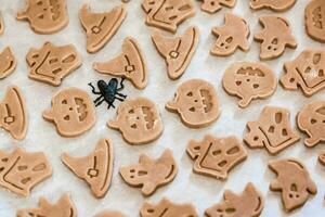 vorbereiten zu feiern Halloween und vorbereiten ein behandeln. roh fertig zum Backen Halloween Kekse auf Papier auf ein Backen Blatt. Lebensstil foto