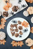 ein köstlich Halloween behandeln - - Lebkuchen Kekse mit Schokolade Glasur im Schalen auf ein Tabelle mit Kürbisse, Blätter und Spinnen. traditionell Feier, Süss Lebensmittel. oben und Vertikale Aussicht foto