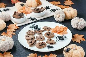 fertig für den Verzehr Halloween behandeln - - Lebkuchen Plätzchen mit Schokolade Glasur auf ein Teller auf das Tabelle mit Kürbisse. traditionell Feier. foto