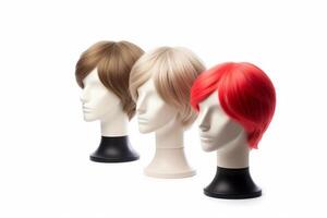 Haar Perücke Über das Plastik Mannequin Kopf isoliert Über das Weiß Hintergrund, Attrappe, Lehrmodell, Simulation mit zeitgenössisch Herren Frisuren, generativ ai Illustration foto