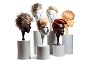 Haar Perücke Über das Plastik Mannequin Kopf isoliert Über das Weiß Hintergrund, Attrappe, Lehrmodell, Simulation mit zeitgenössisch Männer Frisuren, generativ ai Illustration foto