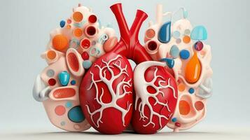 3d Illustration von das Mensch Organ Systeme, Mensch intern Organe. Anatomie. nervös, Kreislauf, Verdauungs, Ausscheidung, Harn und Knochen Systeme. medizinisch Bildung Konzept, generativ ai Illustration foto