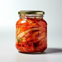 Essen Fotografie von Kimchi auf Krug isoliert auf Weiß Hintergrund. generativ ai foto