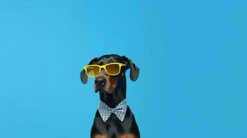 Foto von hochmütig Dobermann mit Sonnenbrille und Büro passen auf Weiß Hintergrund. generativ ai