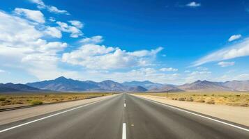 Illustration Bild von Landschaft mit Land Straße, leeren Asphalt Straße auf Blau wolkig Himmel Hintergrund. Mehrfarbig beschwingt draußen horizontal Bild, generativ ai Illustration foto