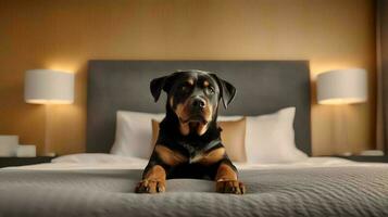 Rottweiler Hund Lügen auf Bett im Hotel mit zeitgenössisch Innere Design. generativ ai foto